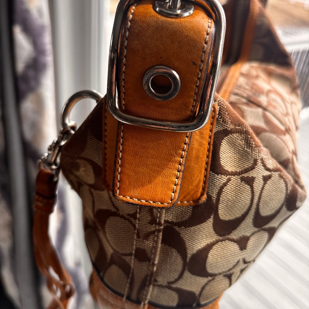 Coach Brown Signature Jacquard Shoulder Bag with Tan Leather Trim